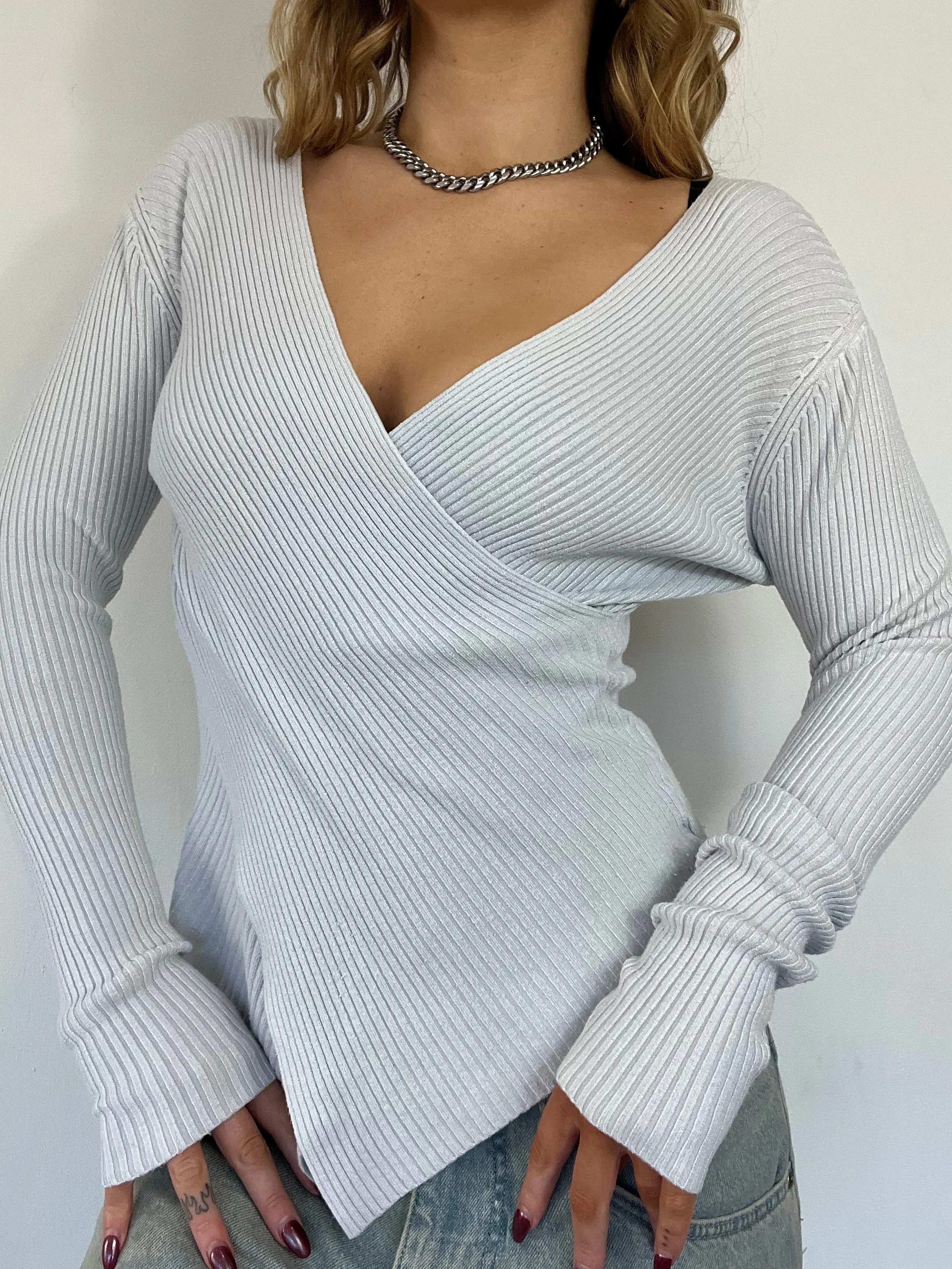 90s ribbed knit wrap top - Size S/M