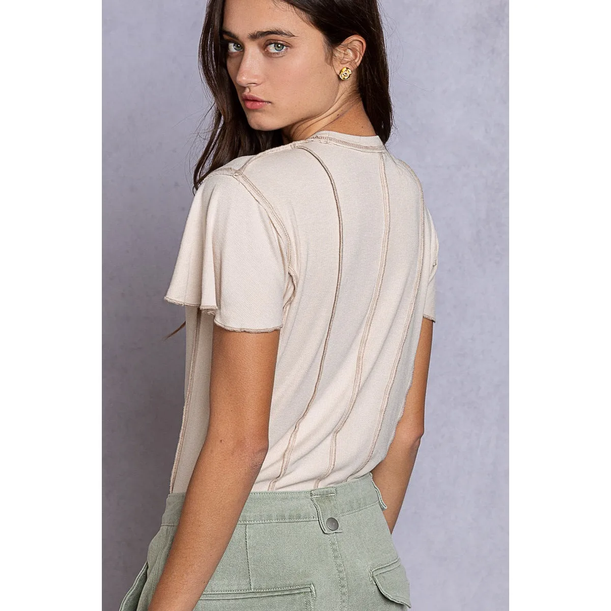 Almond Cream Ribbed Knit Top