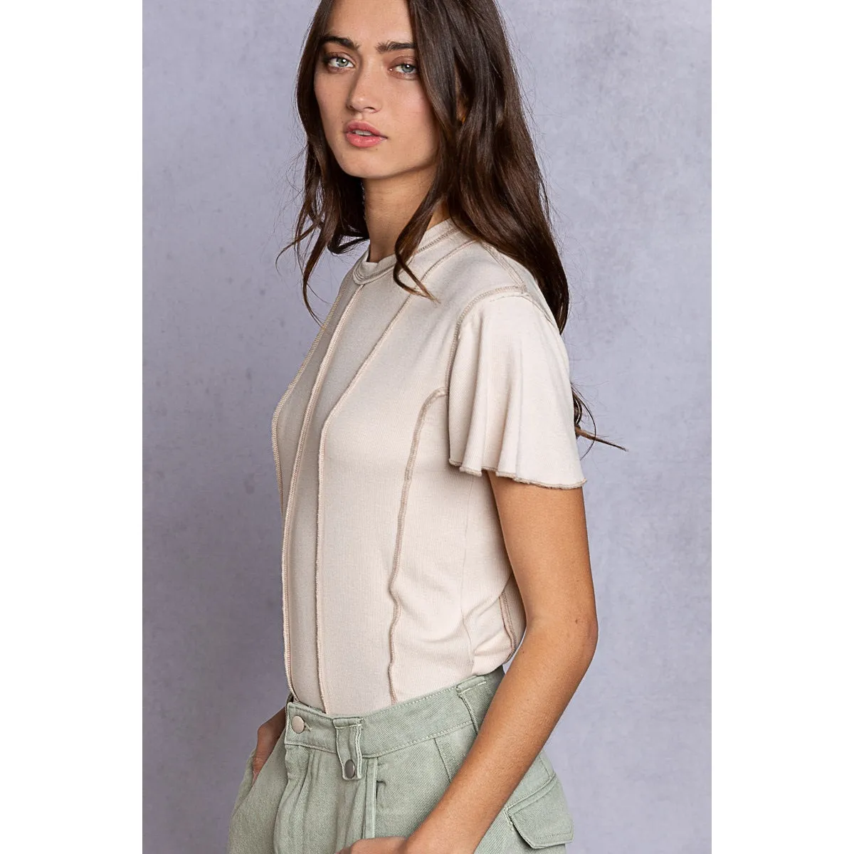 Almond Cream Ribbed Knit Top