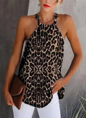 Animal Print Round Neck Sleeveless Casual Tank Tops