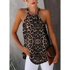 Animal Print Round Neck Sleeveless Casual Tank Tops