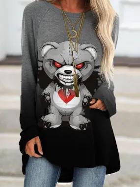 Bear Gradient Grey Casual Long Sleeves Blouses Tops
