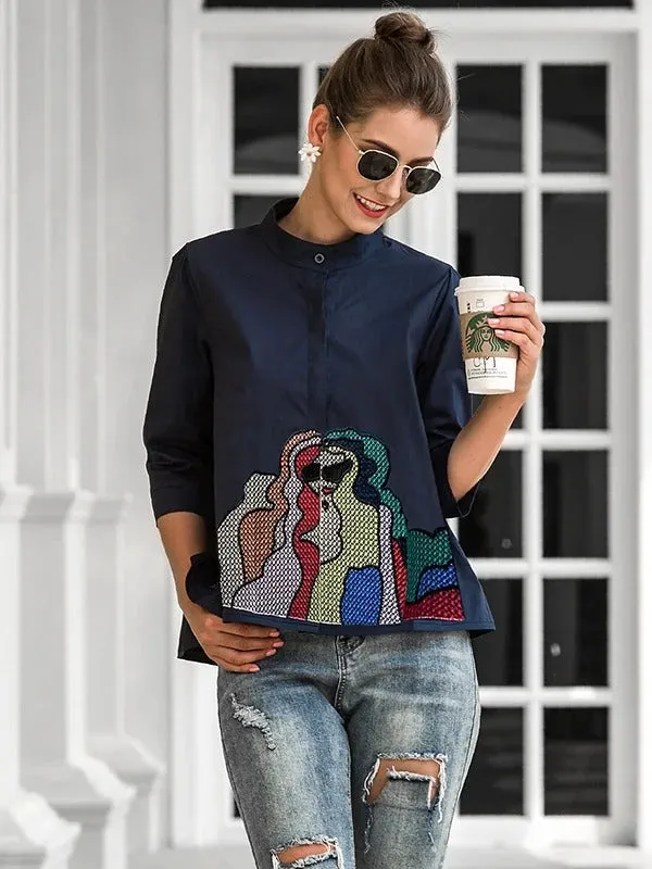 Casual High-Low Loose Printed Stand Collar Blouses & Shirts Tops  112240