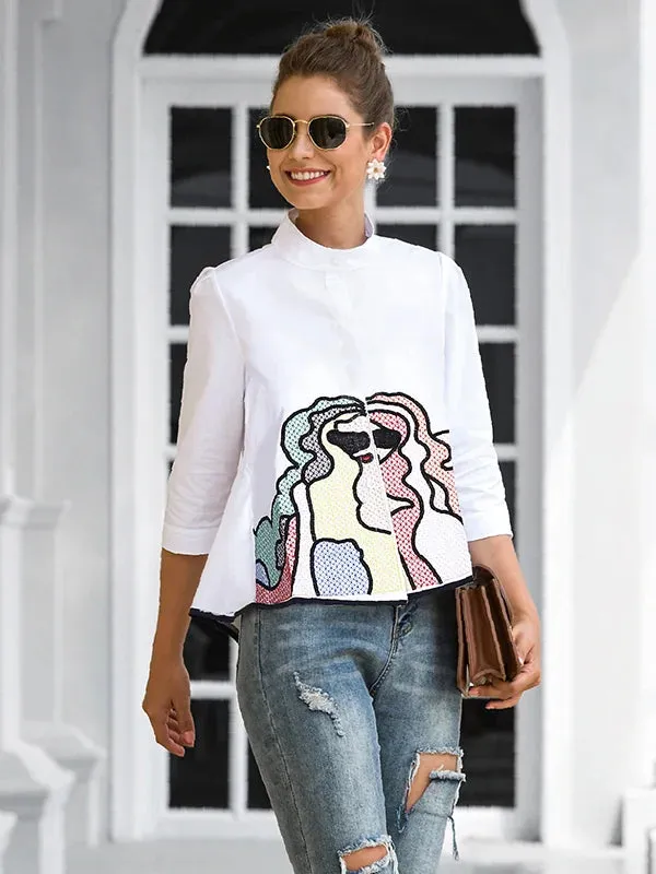 Casual High-Low Loose Printed Stand Collar Blouses & Shirts Tops  112240