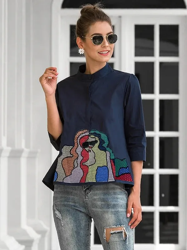 Casual High-Low Loose Printed Stand Collar Blouses & Shirts Tops  112240