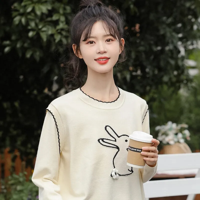 Fashion Fake Two-Piece Cartoon Rabbit Embroidered Sweater
