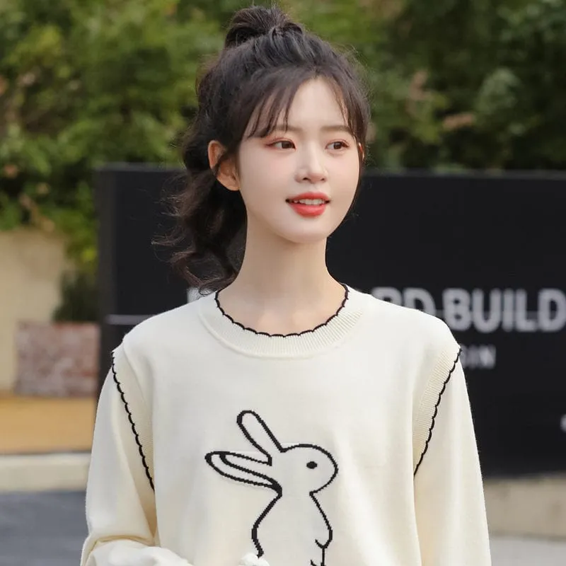 Fashion Fake Two-Piece Cartoon Rabbit Embroidered Sweater