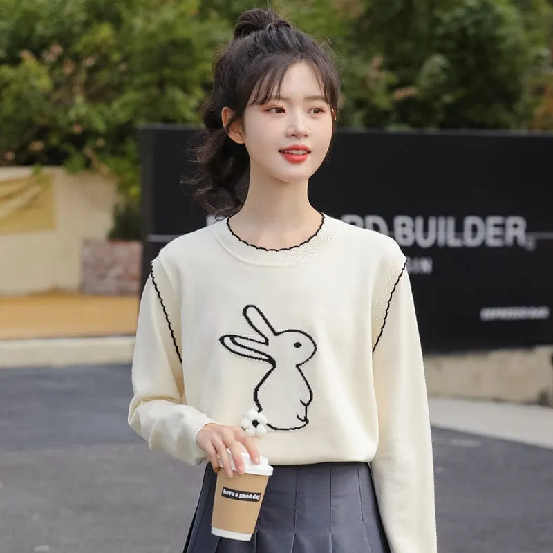 Fashion Fake Two-Piece Cartoon Rabbit Embroidered Sweater
