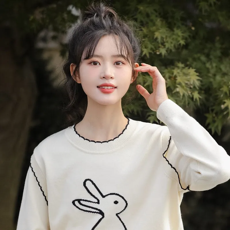 Fashion Fake Two-Piece Cartoon Rabbit Embroidered Sweater