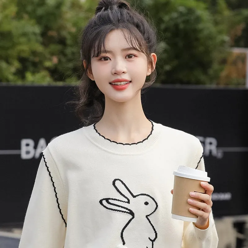 Fashion Fake Two-Piece Cartoon Rabbit Embroidered Sweater