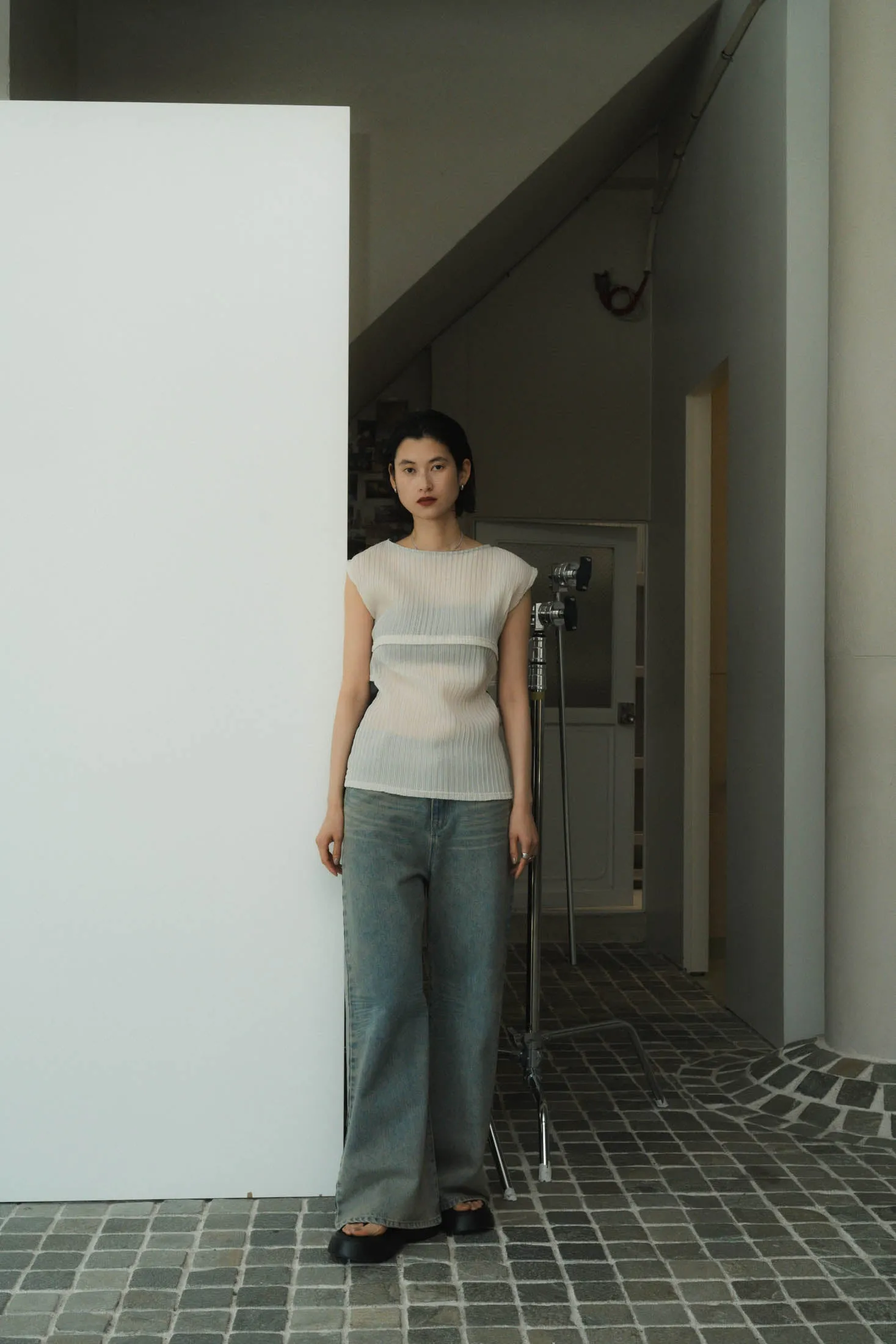 french sleeve ribbed tops/2color