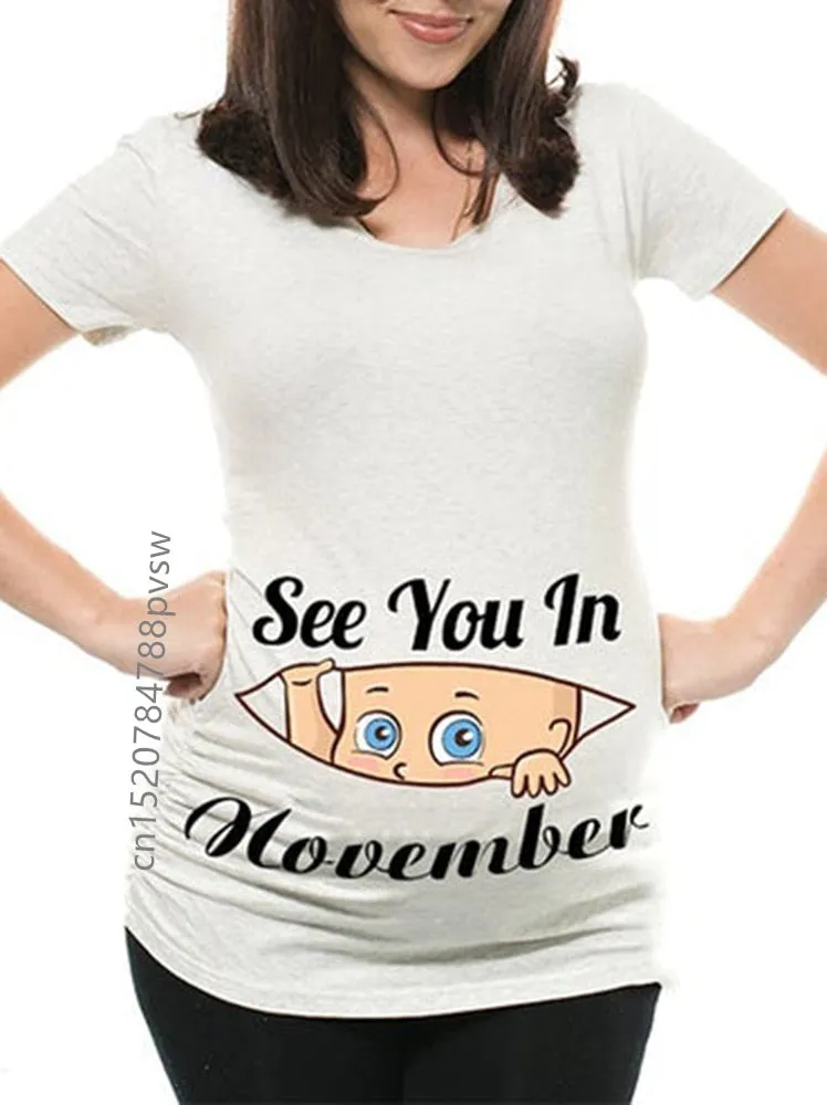 Funny See You In January-December Women Pregnant T Shirt Female Maternity Pregnancy Announcement New Mom Cloth
