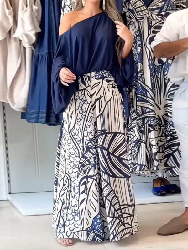 Loose Puff Sleeves Solid Color Off-The-Shoulder Blouses& Printed Pants Two Pieces Set M 132821