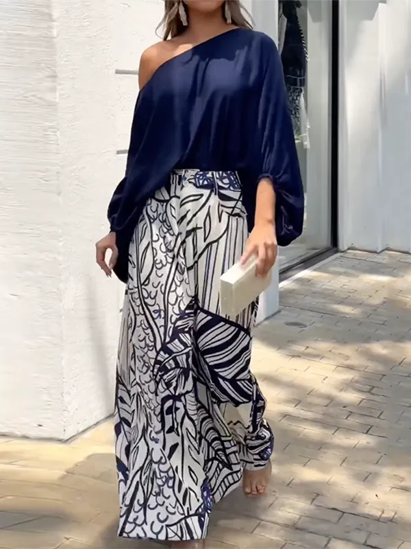 Loose Puff Sleeves Solid Color Off-The-Shoulder Blouses& Printed Pants Two Pieces Set M 132821