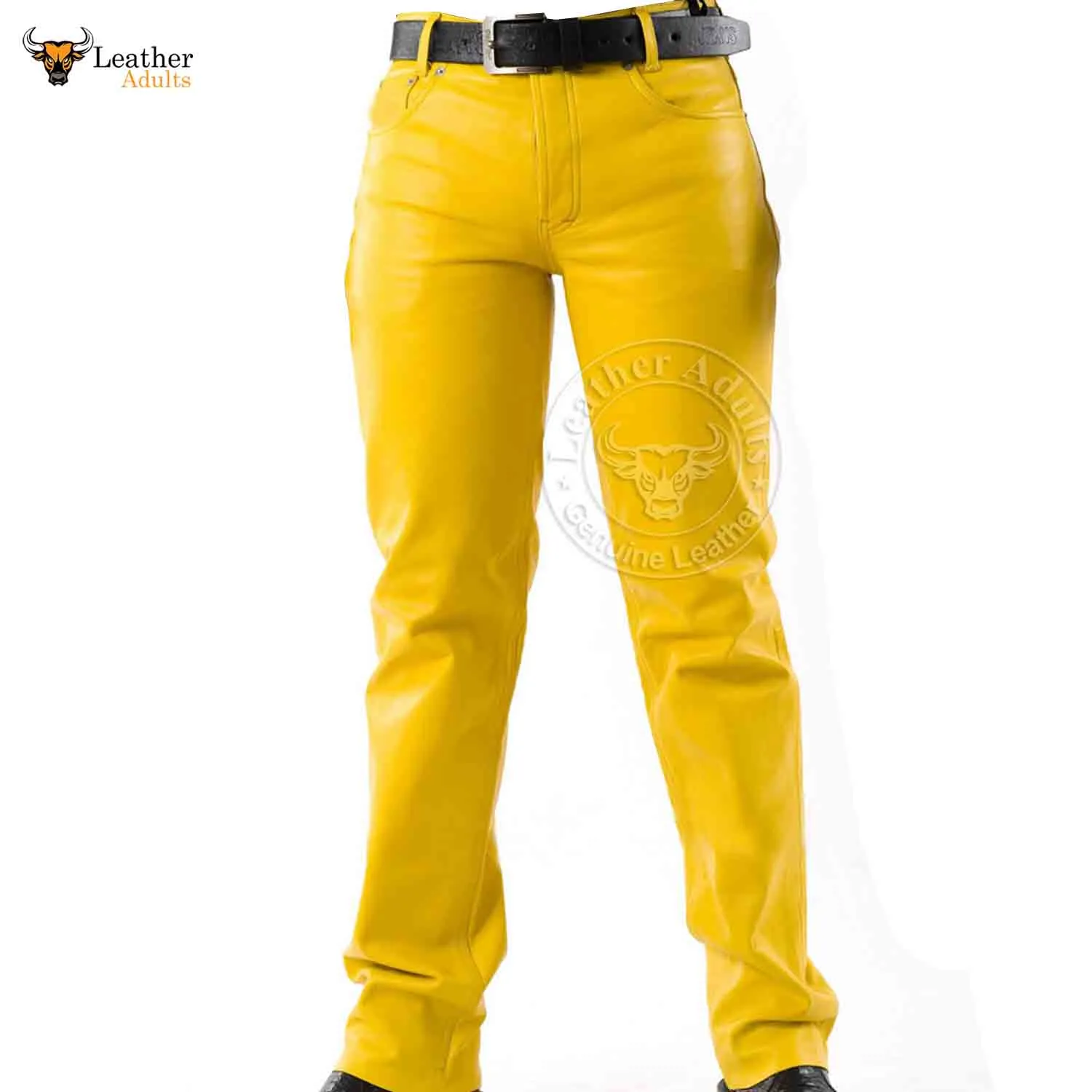 Mens Yellow Cowhide Leather Sleek and Sexy 501 Style Jeans BLUF Pants Bikers Trousers