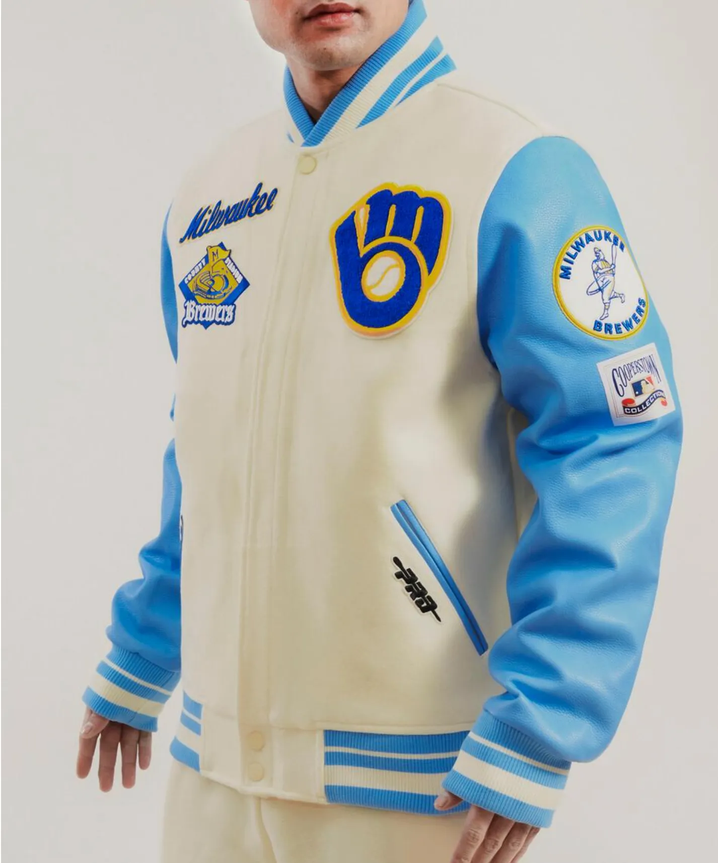 Milwaukee Brewers Creme and Sky Varsity Jacket