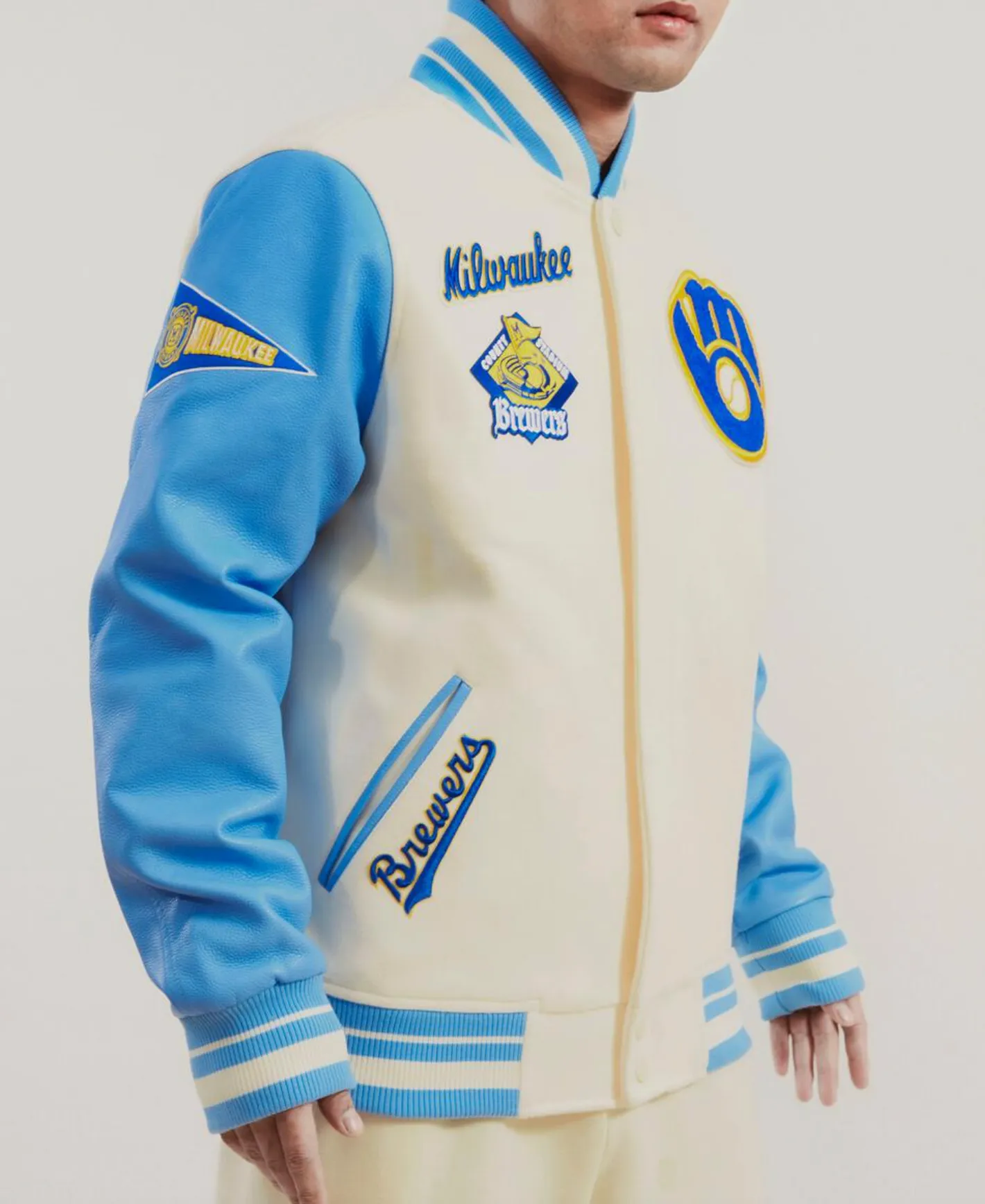 Milwaukee Brewers Creme and Sky Varsity Jacket