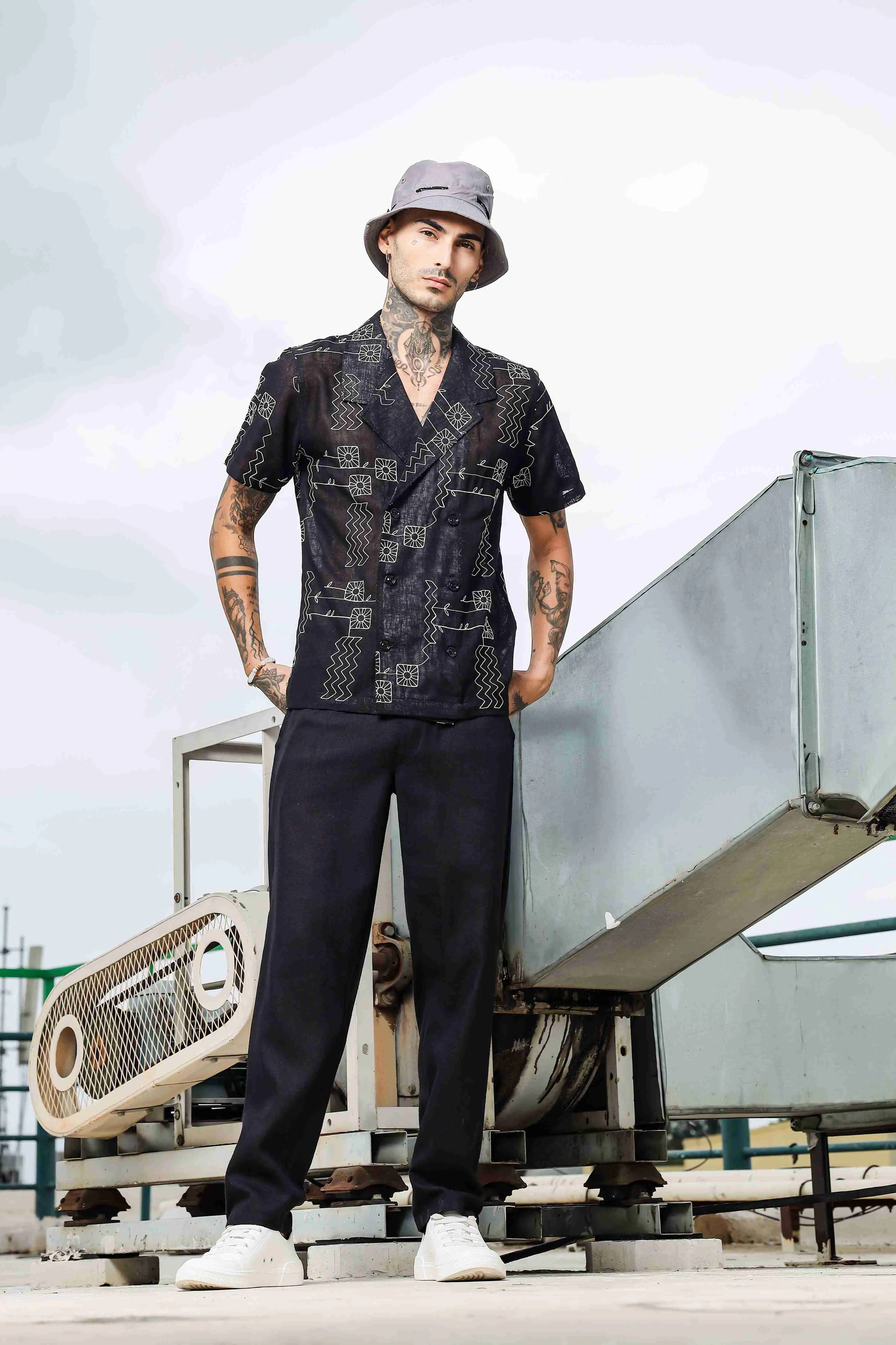 Oversized Black Linen Embroidered Coord Set