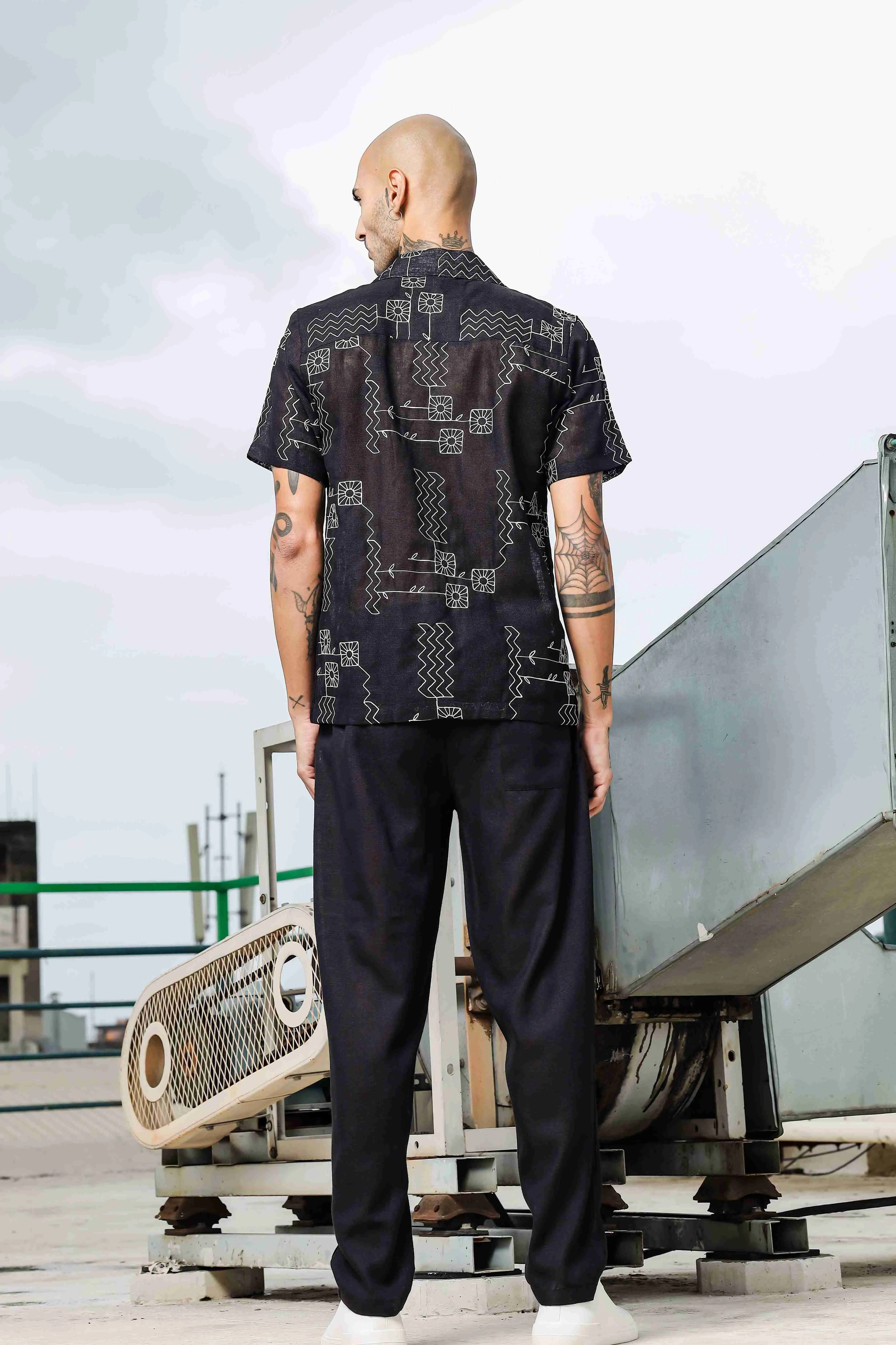 Oversized Black Linen Embroidered Coord Set