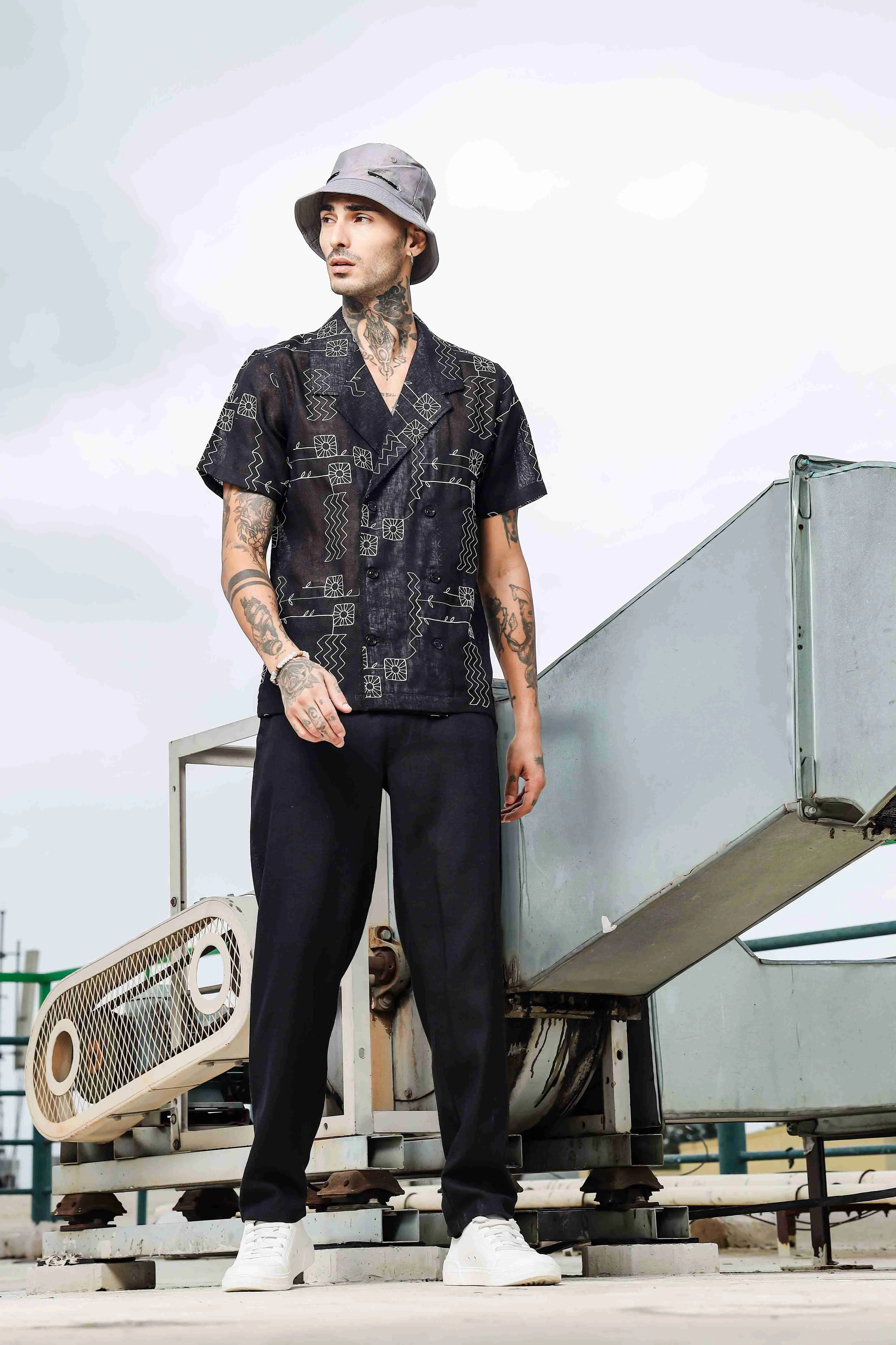 Oversized Black Linen Embroidered Coord Set