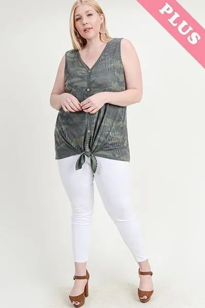 Plus Ribbed Camo Tank With Button Trim