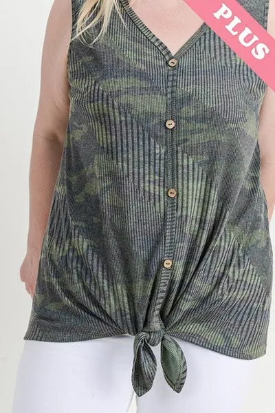 Plus Ribbed Camo Tank With Button Trim