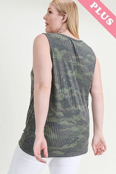 Plus Ribbed Camo Tank With Button Trim