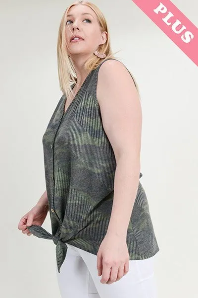Plus Ribbed Camo Tank With Button Trim