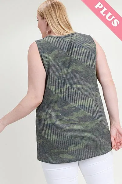 Plus Ribbed Camo Tank With Button Trim