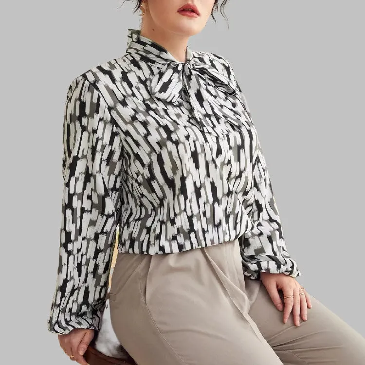Plus Size Spring Autumn Leopard Print Bow Collar Top Women Long Sleeve Shirt