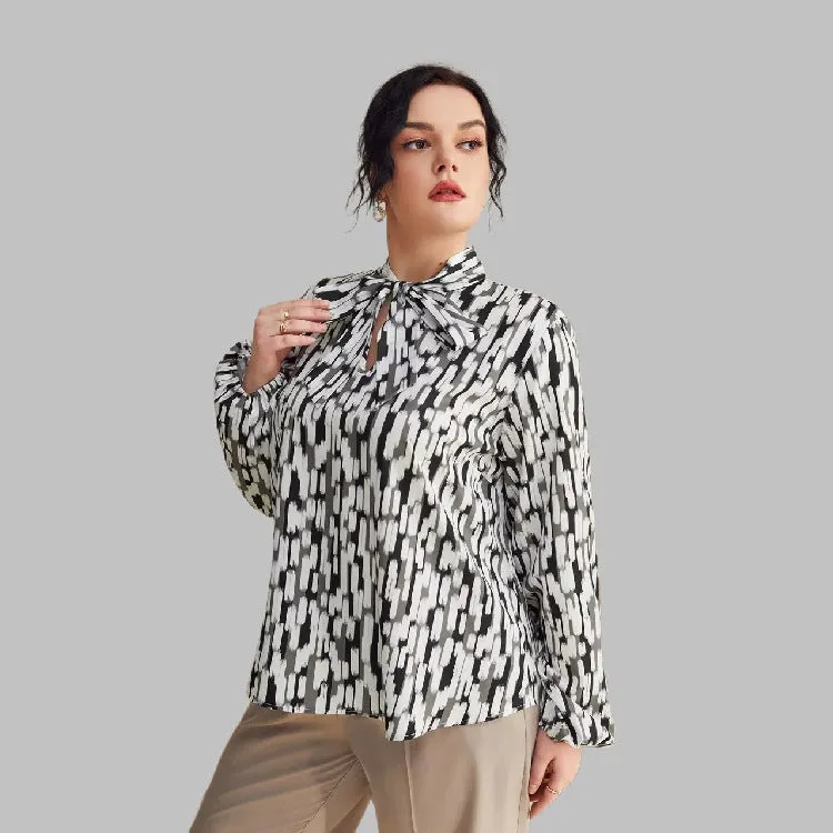 Plus Size Spring Autumn Leopard Print Bow Collar Top Women Long Sleeve Shirt