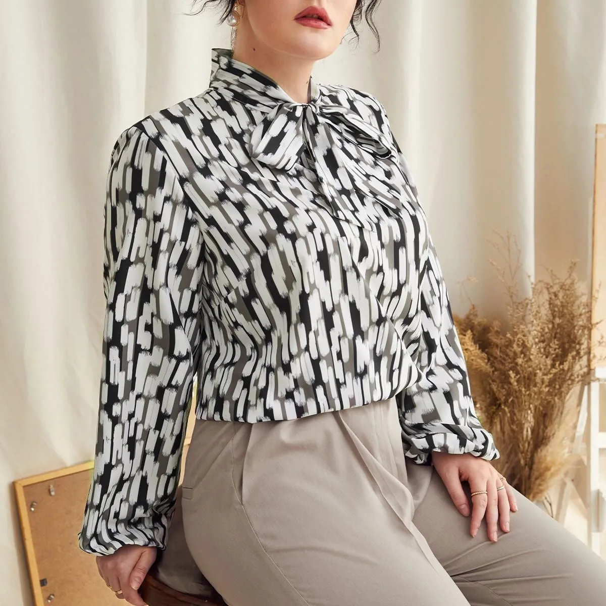 Plus Size Spring Autumn Leopard Print Bow Collar Top Women Long Sleeve Shirt