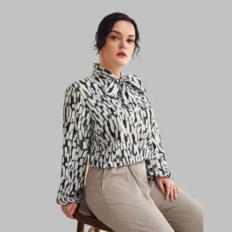 Plus Size Spring Autumn Leopard Print Bow Collar Top Women Long Sleeve Shirt
