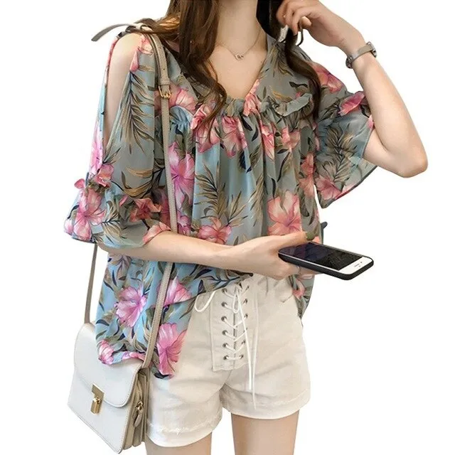 Printed Off-The-Shoulder v-Neck Shirts