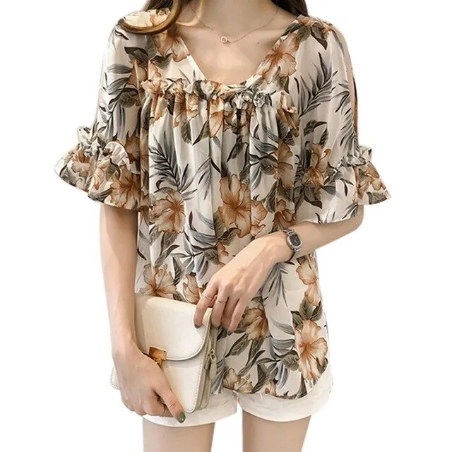 Printed Off-The-Shoulder v-Neck Shirts