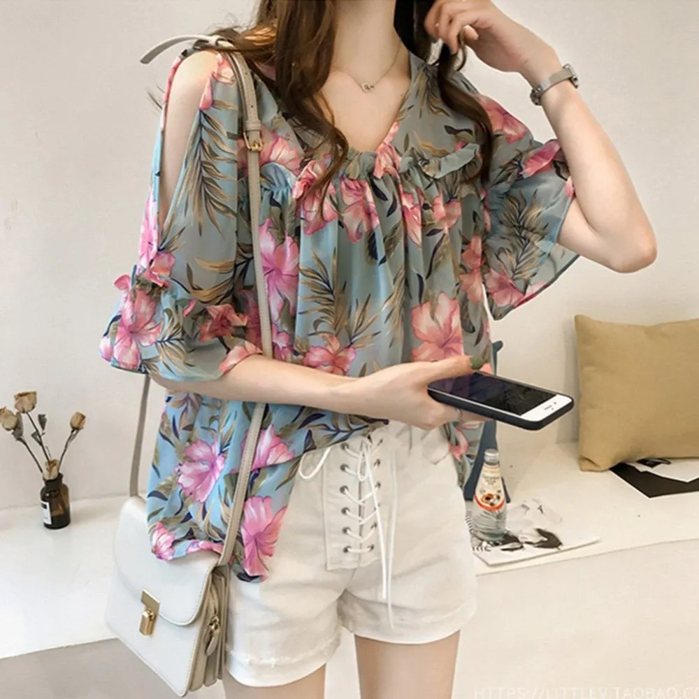 Printed Off-The-Shoulder v-Neck Shirts
