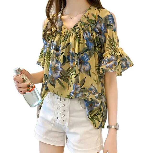 Printed Off-The-Shoulder v-Neck Shirts