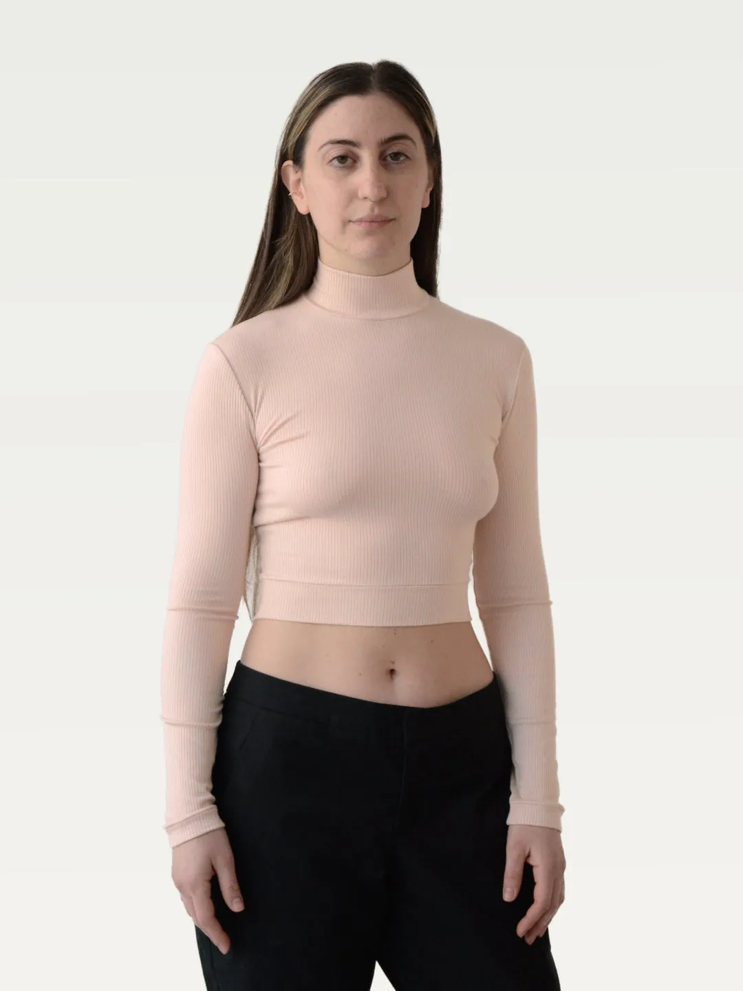 Ribbed  Exaggerated Mock Neck in Ballet Pink
